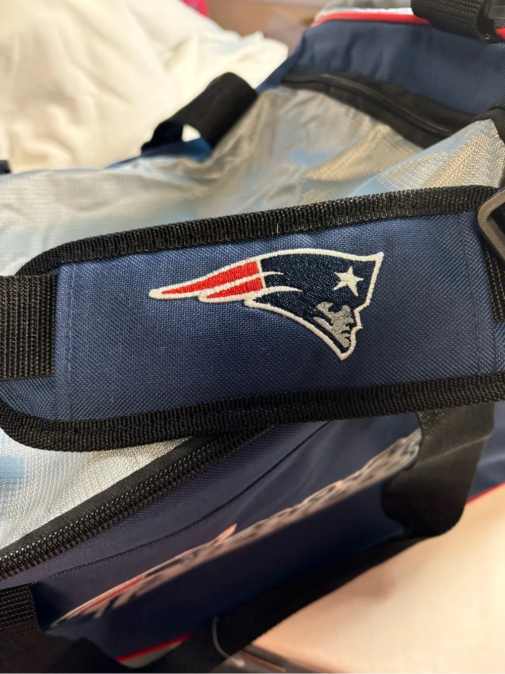 NFL Patriots Navy and Gray Duffel Bag with Red Trim